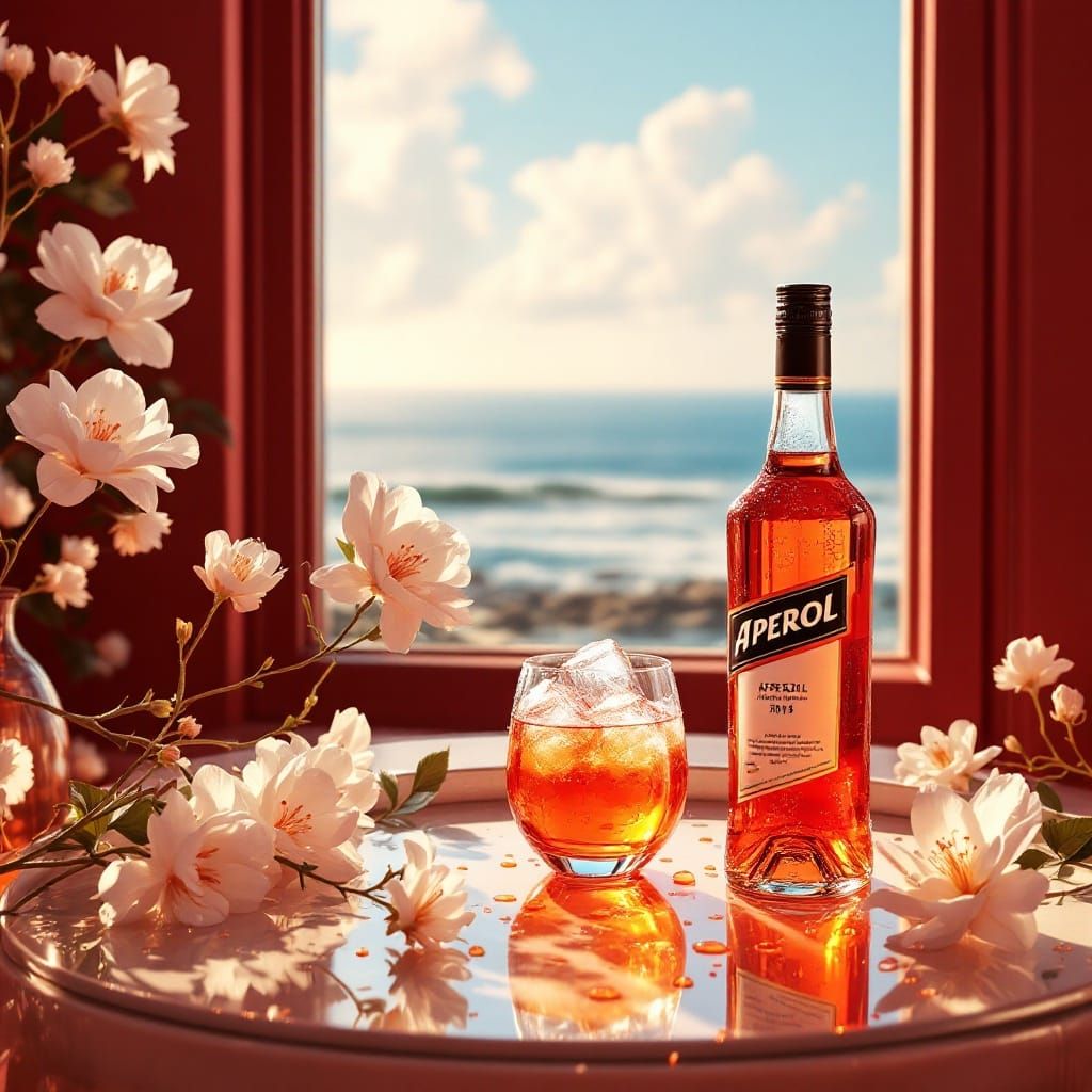 Aperol Spritz on Table with Sea View, Photorealistic