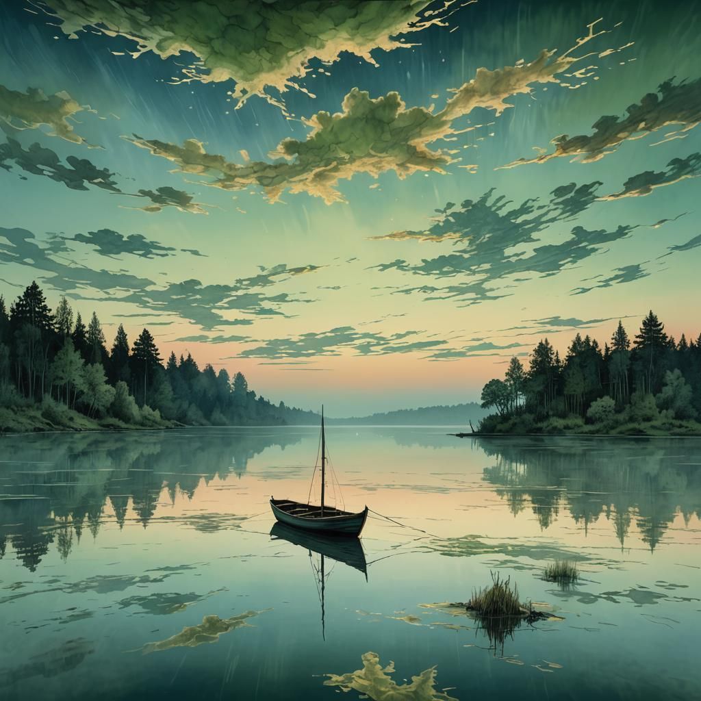 Lone Boat on Lake at Sunset in Romantic Style