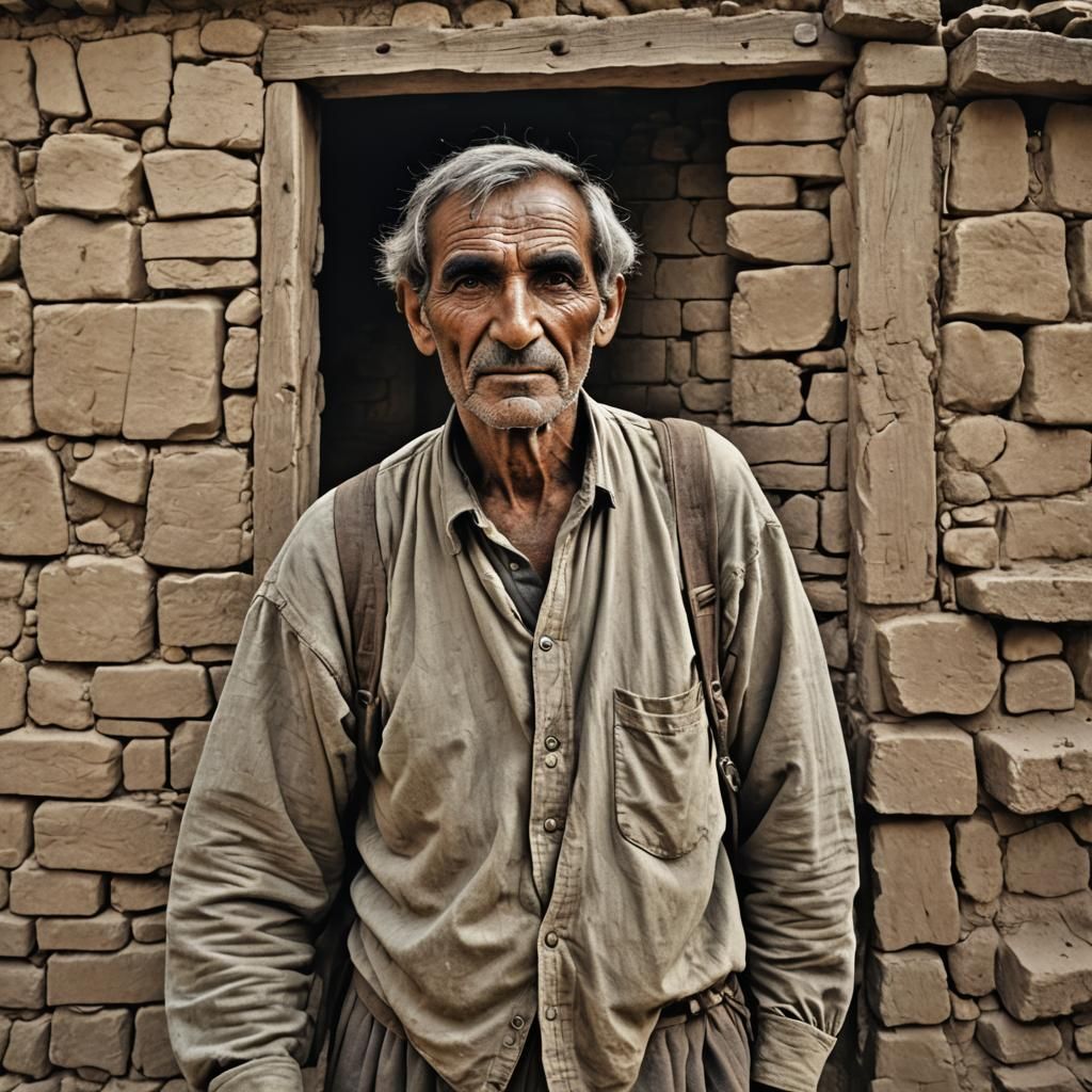Tall Man in Green Cloak in Small Village