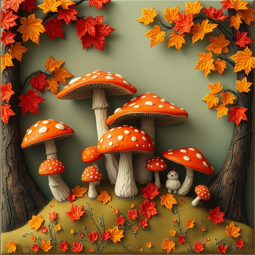 Whimsical Mushroom Scene on a Fall Day