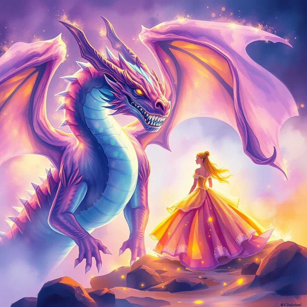 Luminous Dragon and Princess in Watercolor Style