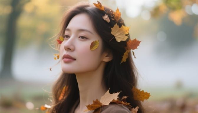 Autumn Woman With Leaves and Mist in Soft Light