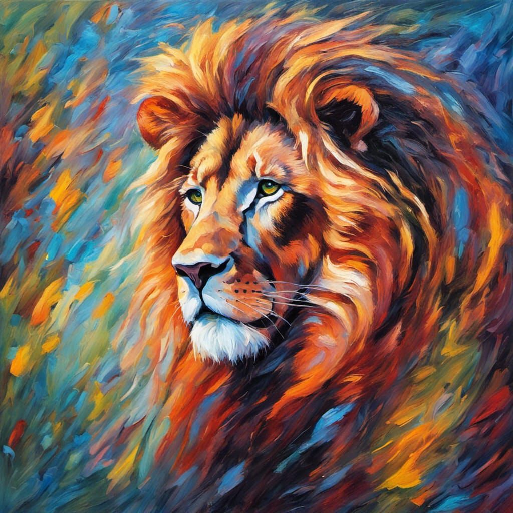 Lion with Glowing Mane in Expressionist Oil Painting