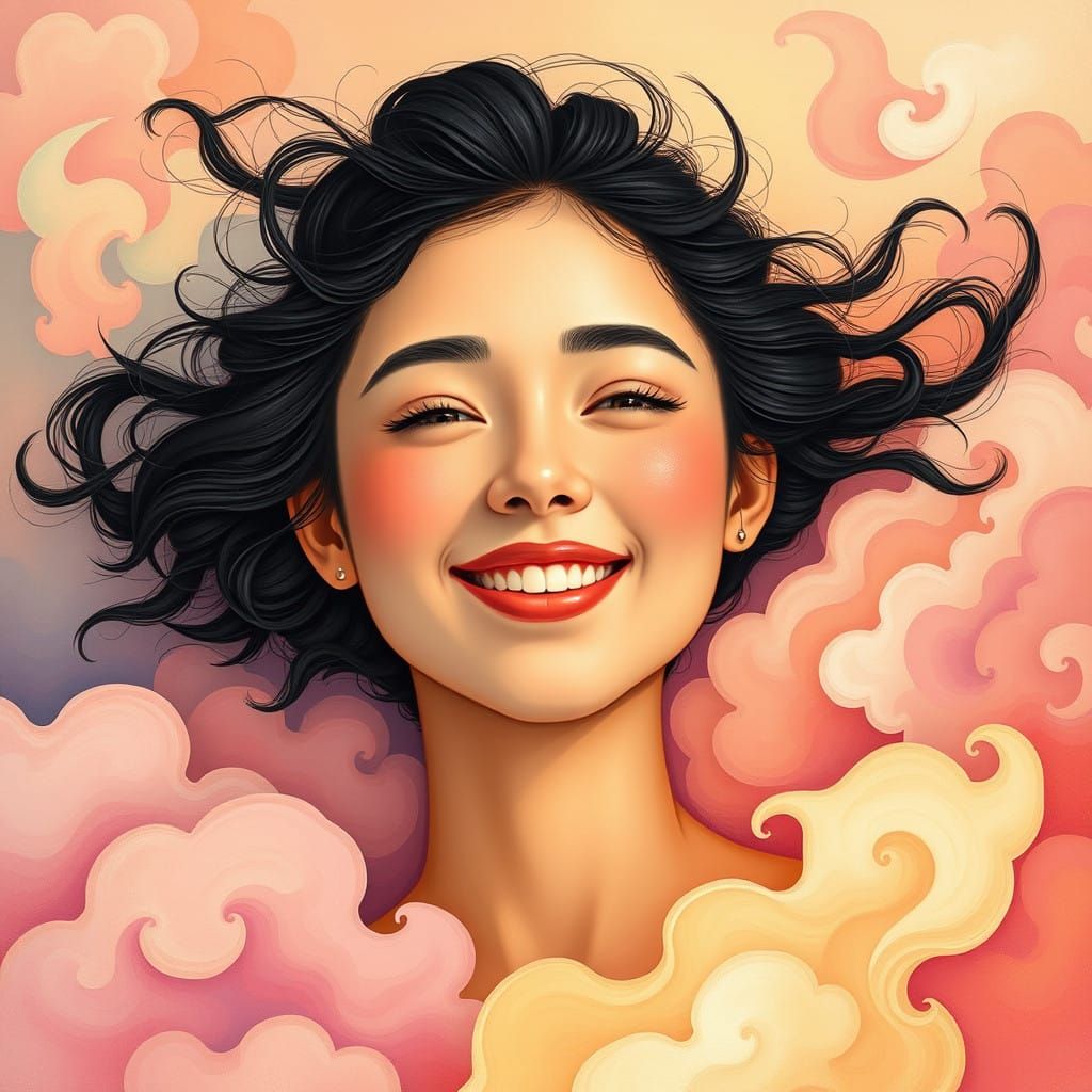 Serene Dream Girl in Vibrant Pastel Clouds