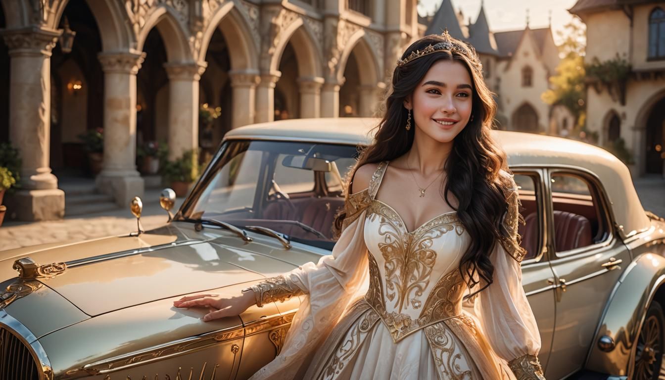 Elven Princess with Antique Car, Vogue-Inspired Portrait