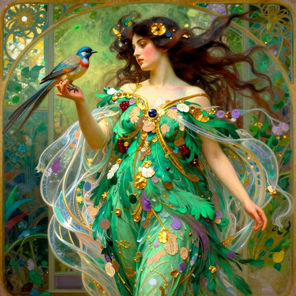 Art Nouveau Goddess with Bird in Feather Dress