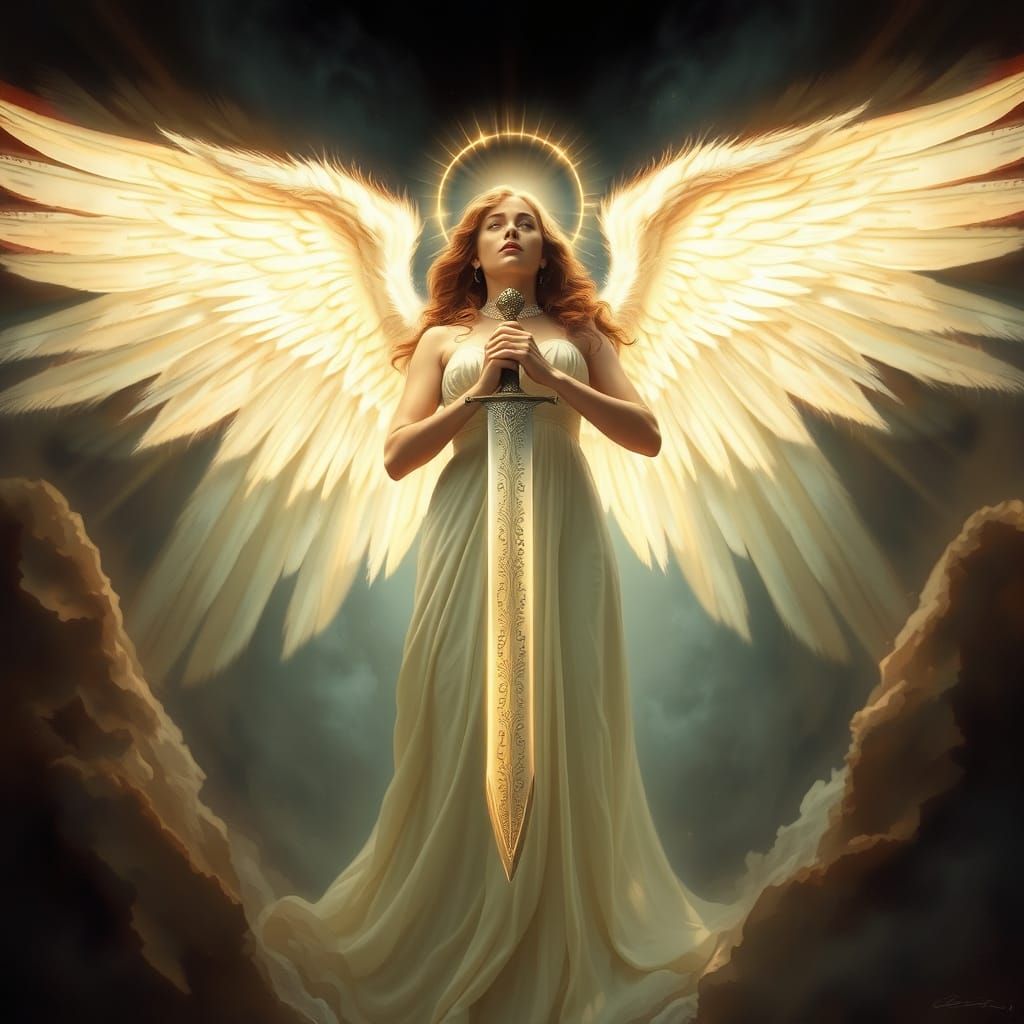 Angel Ascends to Heaven with Radiant Sword