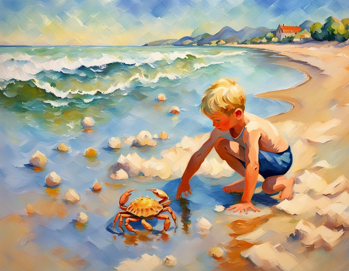 Boy Plays with Crab on Sunny Beach in Impressionist Style