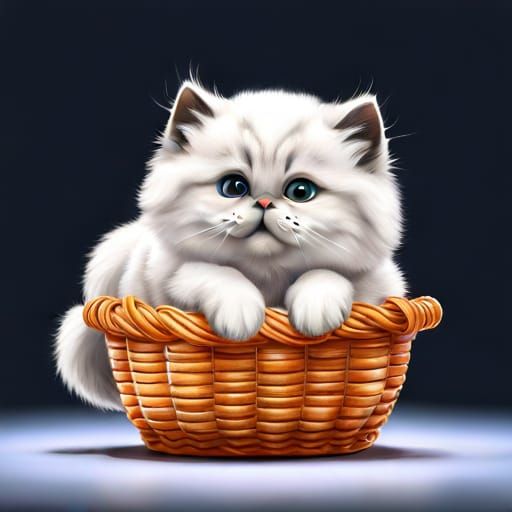 Cute Persian Kitten in Basket: High-Quality Image