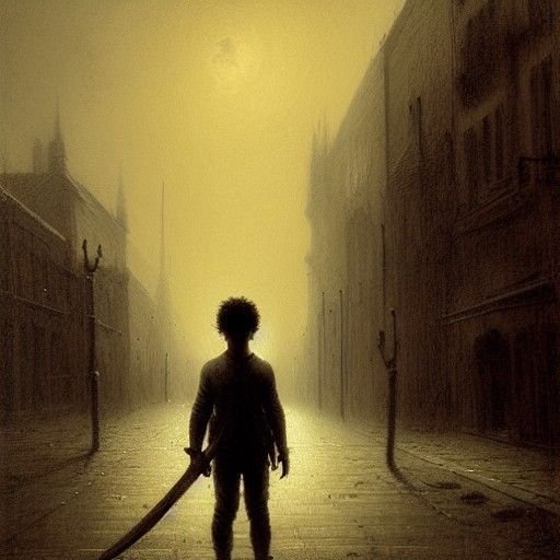 Boy Alone in Street: Gothic Horror Art