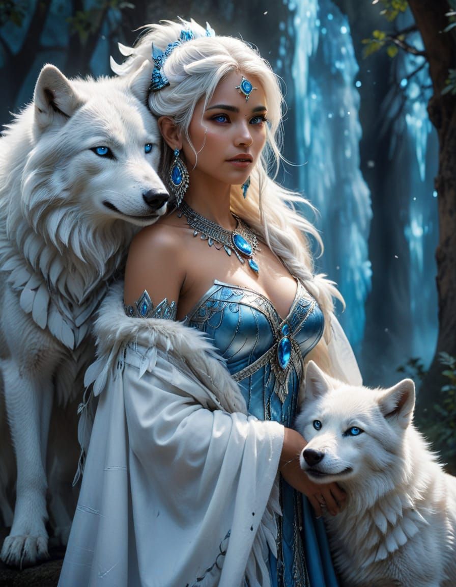 Exotic Woman with Wolf in Tribal Art Style