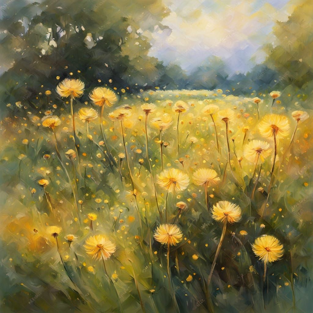 Dandelions in Field as Impressionist Oil Painting