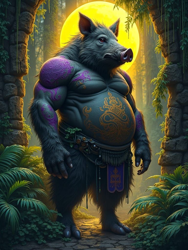Elegant Boar Warrior Surrounded by Ancient Forest and Electr...