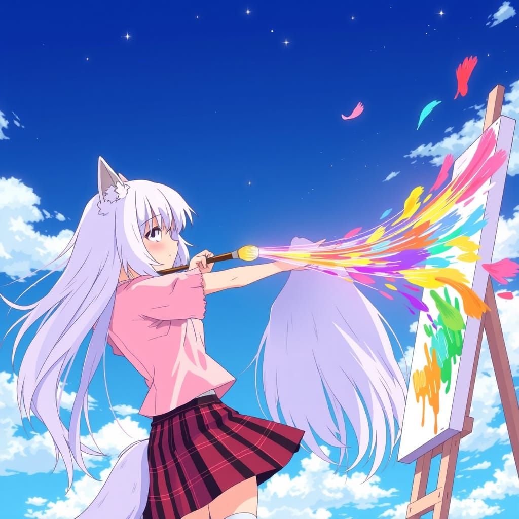Anime Girls Painting a Vibrant Sky in Studio Trigger Style