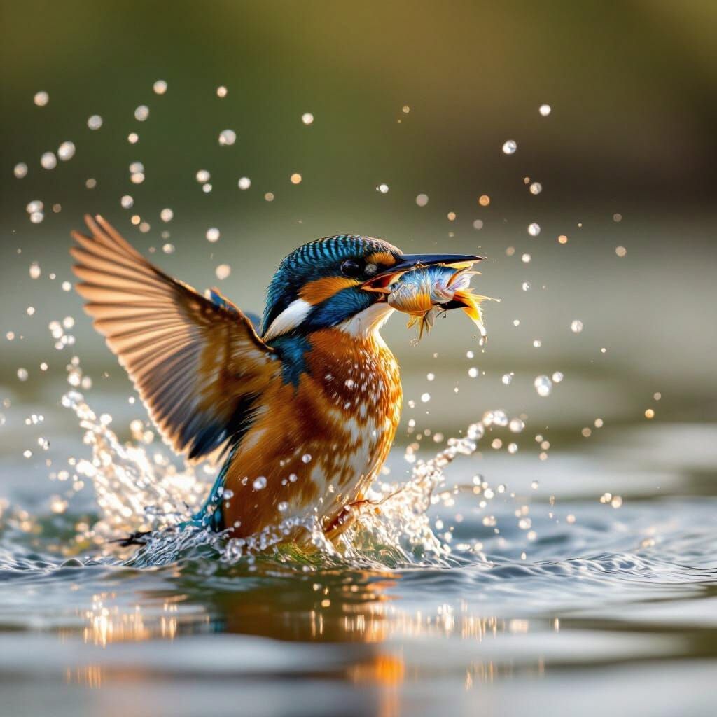 Kingfisher Emerges From Water With Fish in Beak
