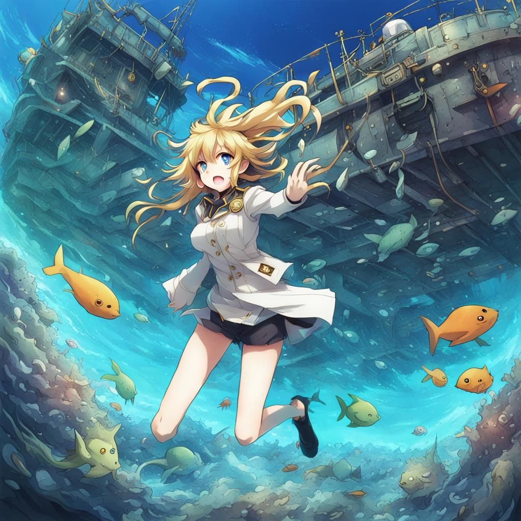 Chaotic Seafloor Scene in Anime Style
