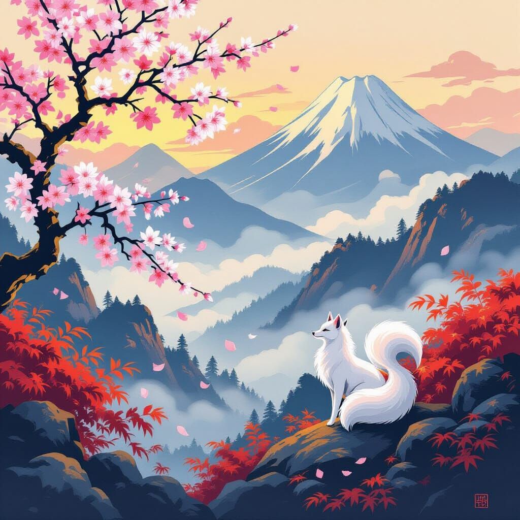 Ethereal Kitsune in Serene Japanese Autumn Landscape