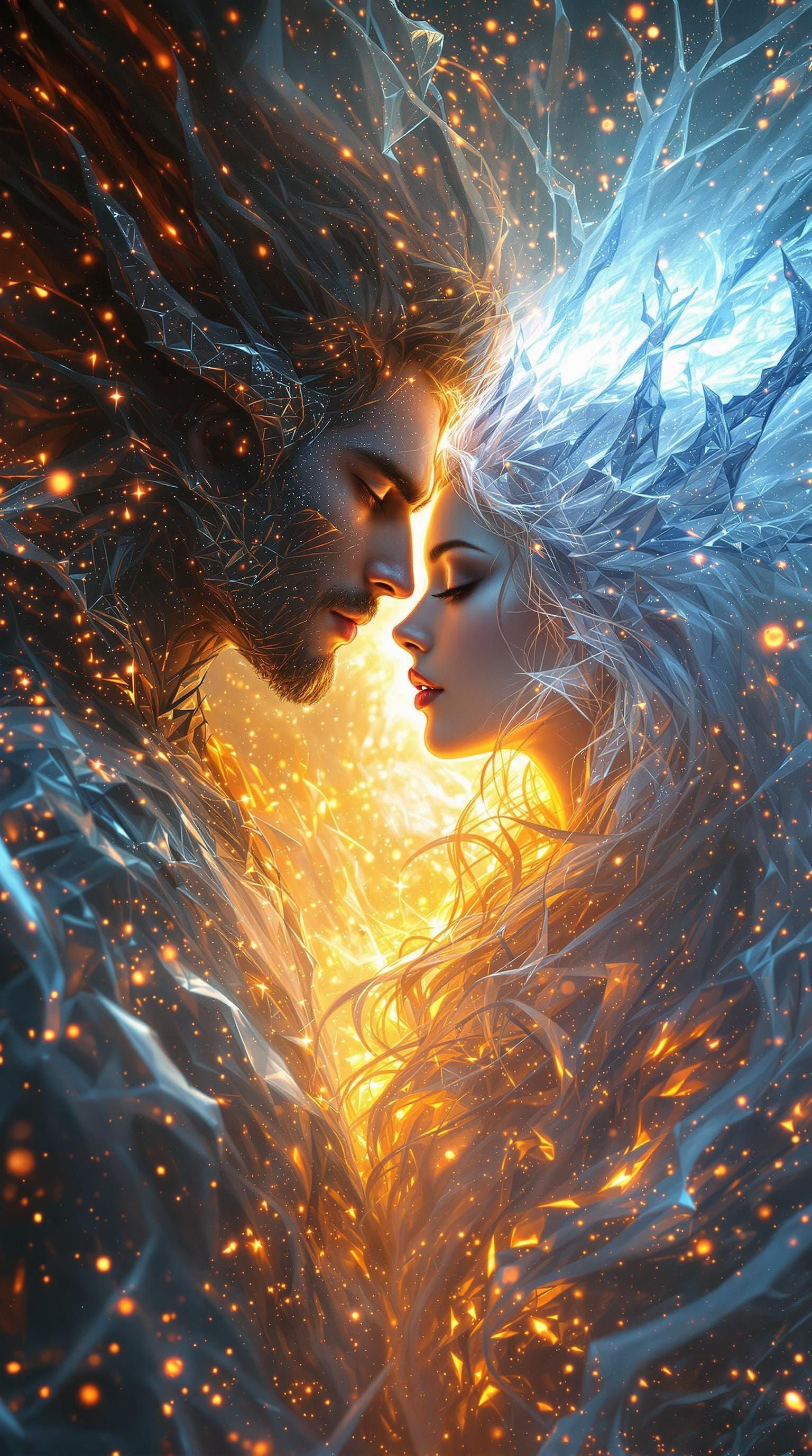Surreal Scene of Angelic Man and Demonic Woman in Fiery Ice
