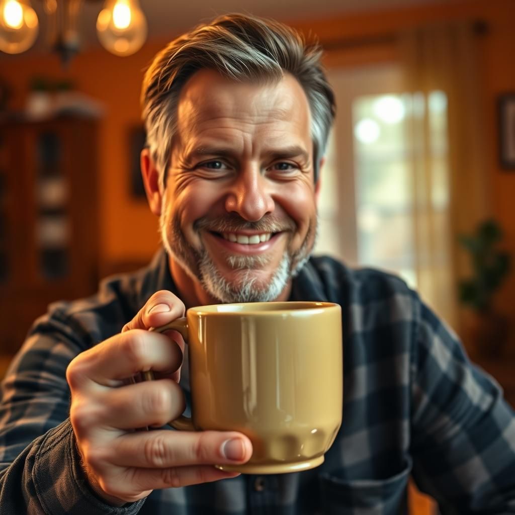 Coffee Mug Held by Smiling Man: Photorealistic Image