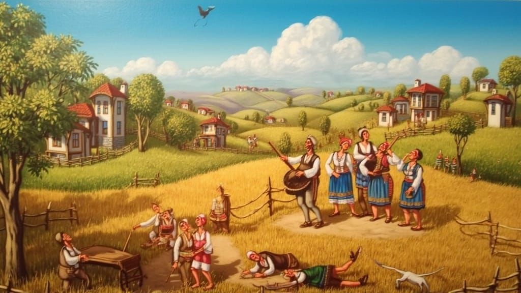 Bulgarian Folk Ensemble in Naive Art Landscape