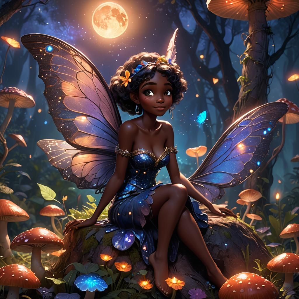 Dark Fairy on Mushroom in Pixar Style