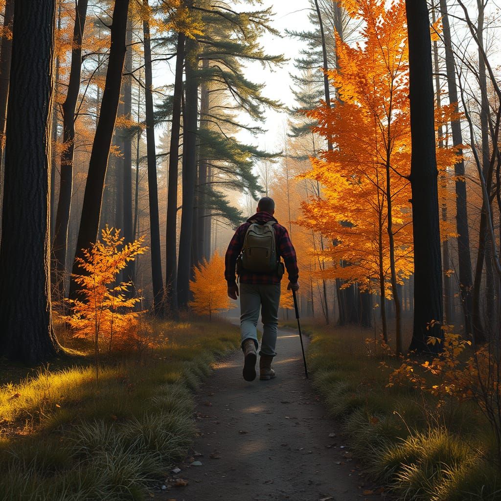 Autumn Hiker on Forest Trail, Classical Painting