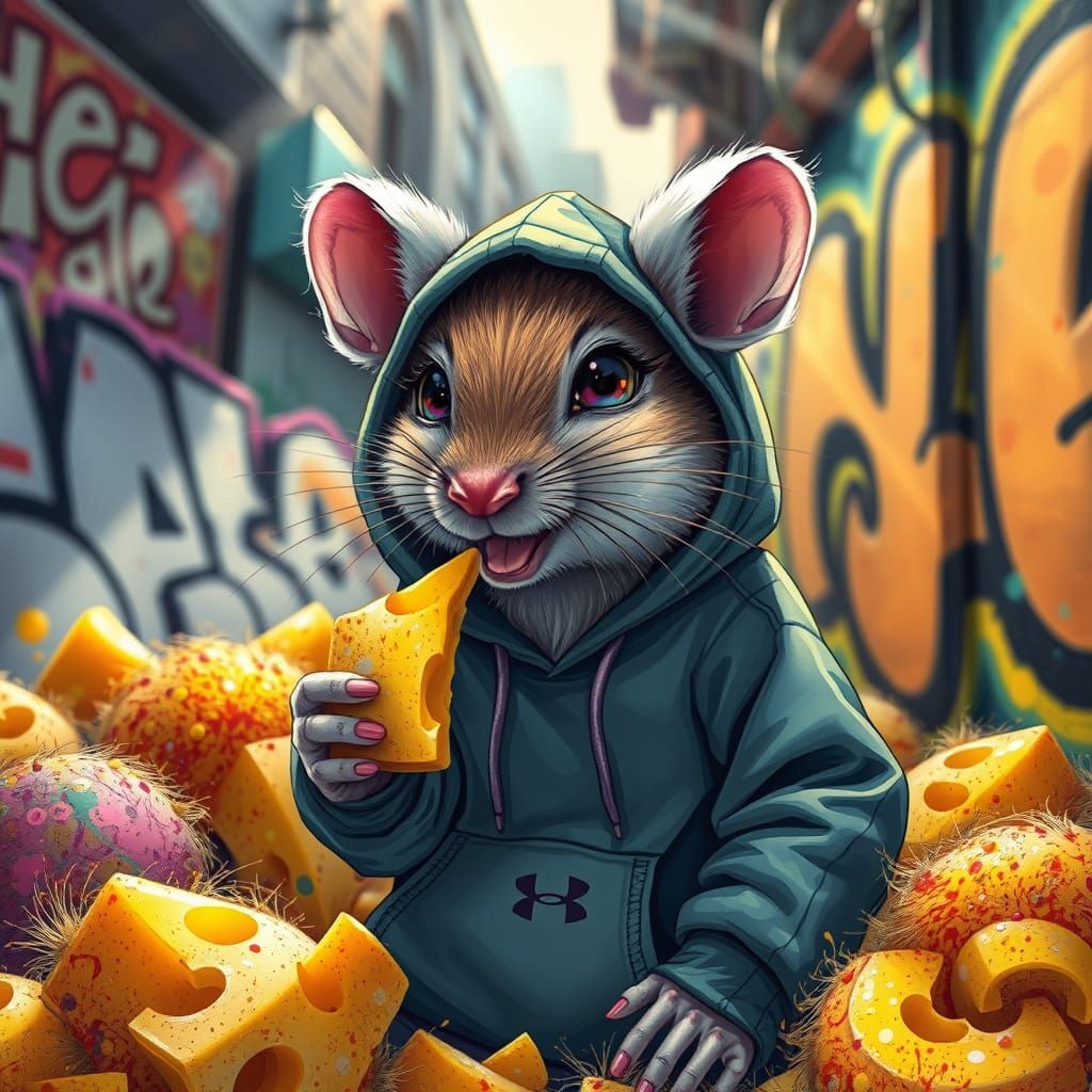 A whimsical and vibrant painting of a street-inspired mouse,...