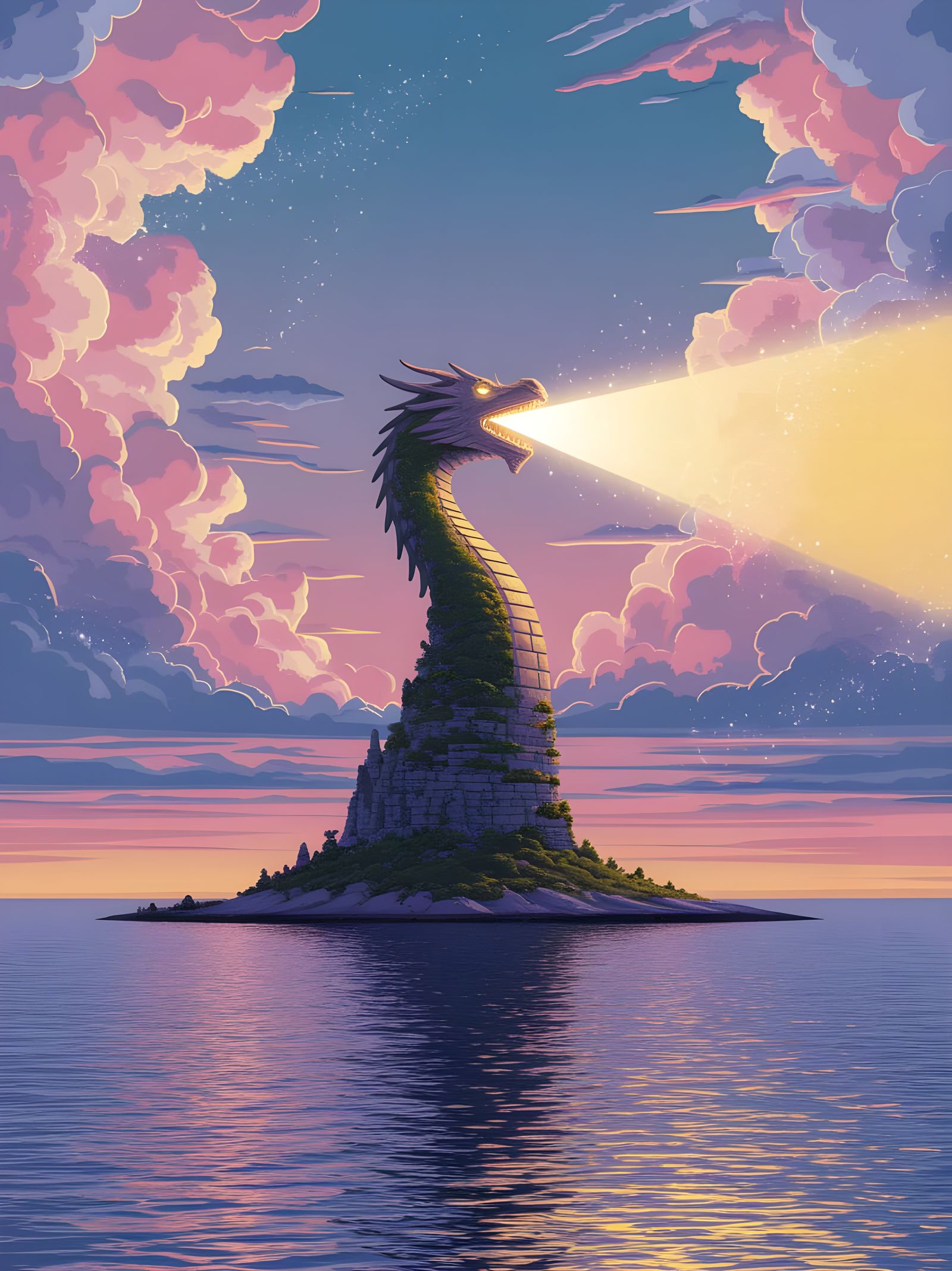 Magical Stone Dragon Lighthouse at Twilight