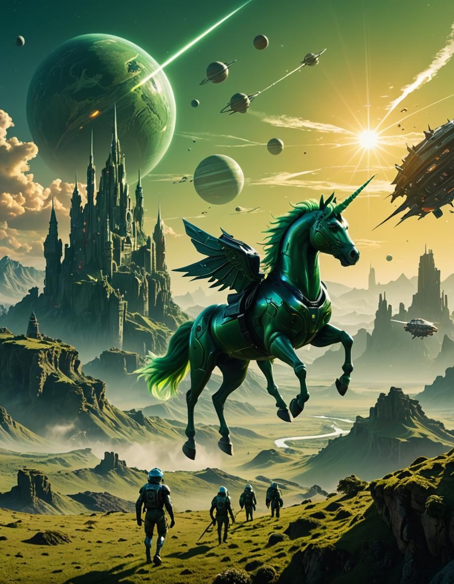 Green Unicorn Flies Over Exotic Alien Planet