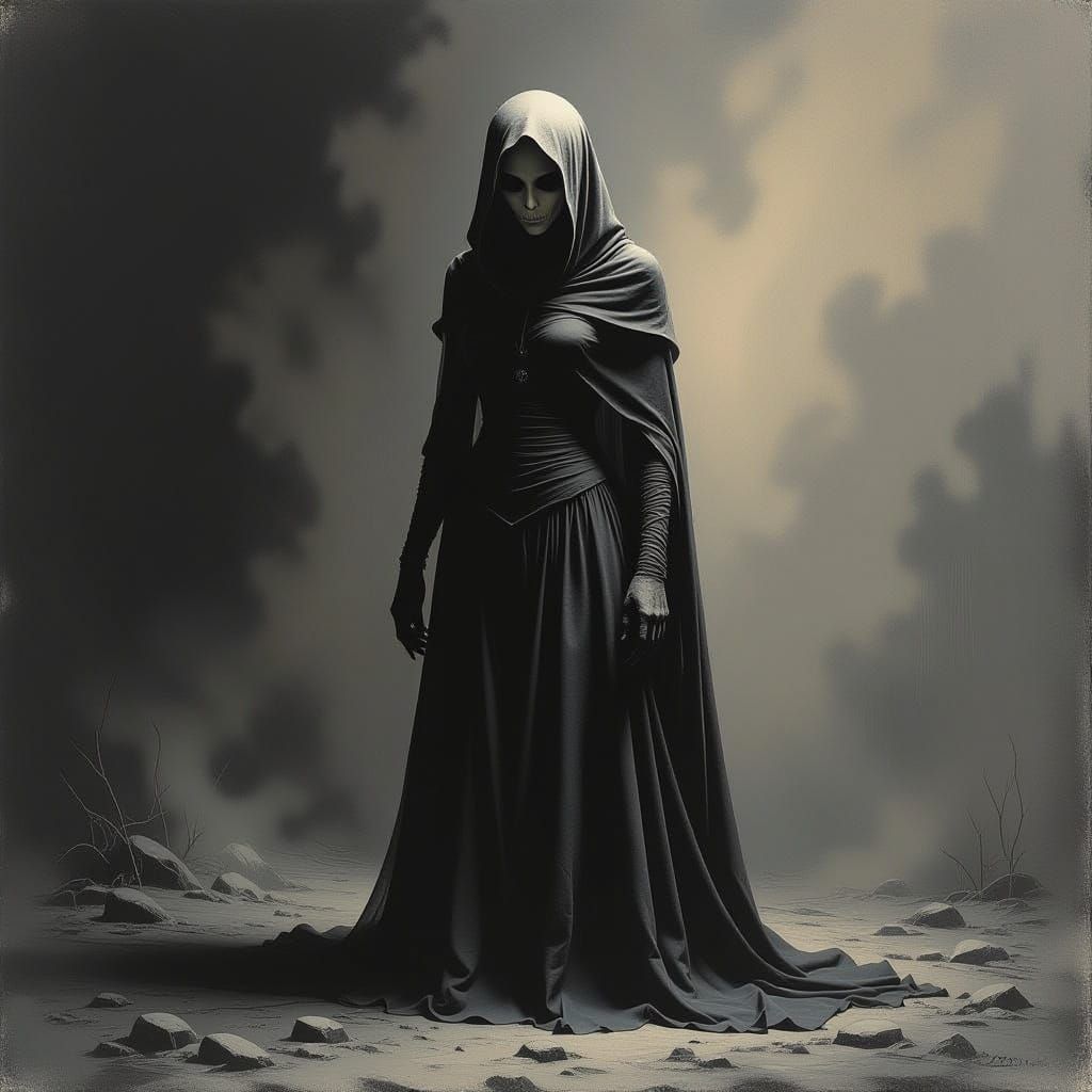 Pale Emaciated Faceless Female Creature in Dark Etching Styl...