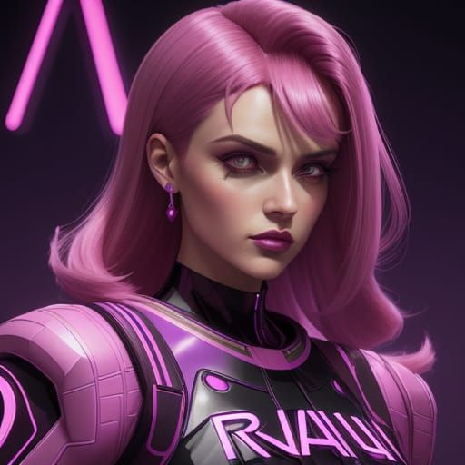 Shiny Pink and Purple "R" Logo with Woman in Neon Lights