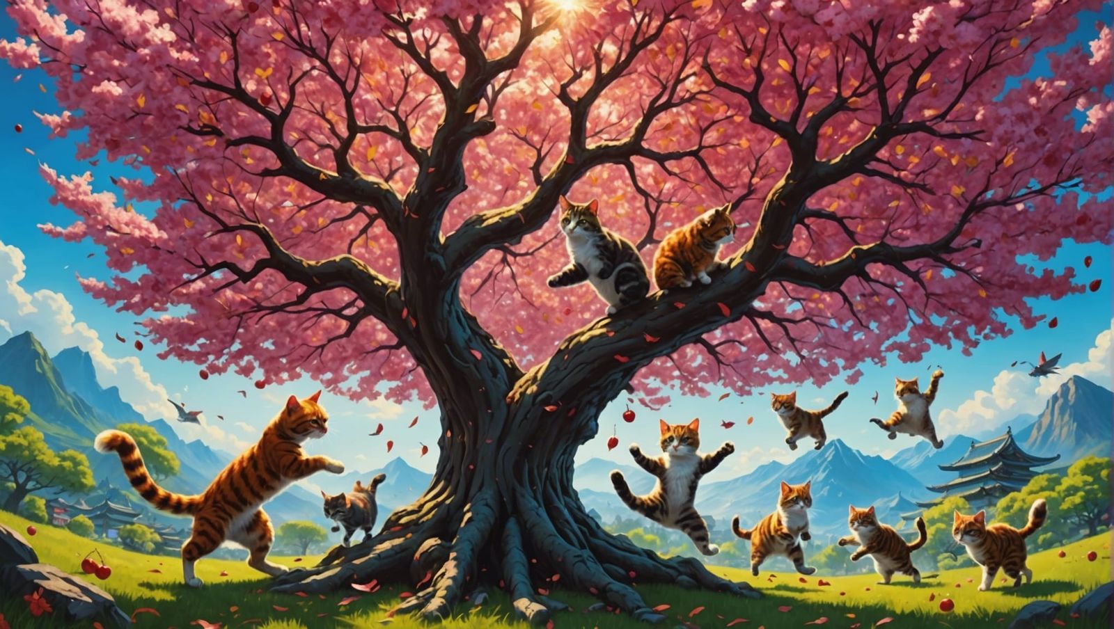 Surreal Kung Fu Kittens Fight in Cherry Tree