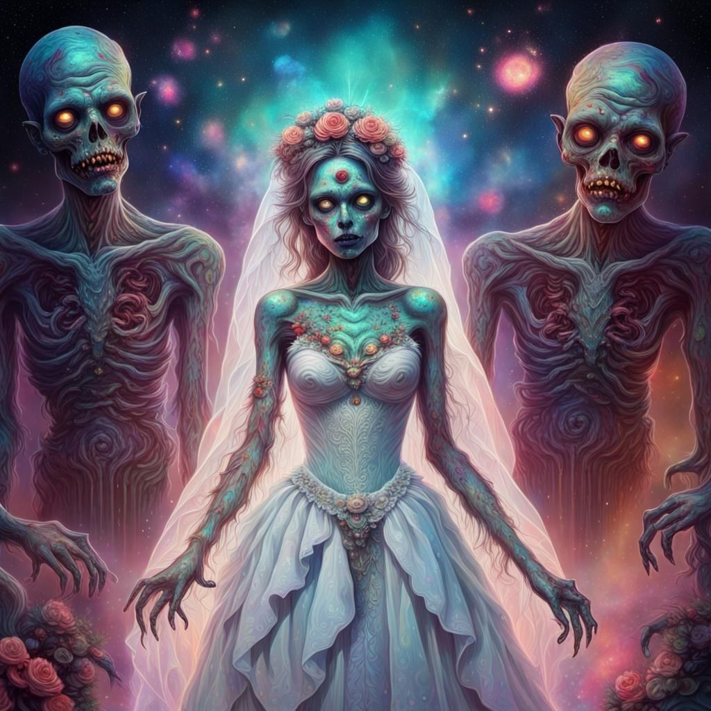 Cosmic Zombie Bride in Pablo Amaringo Style
