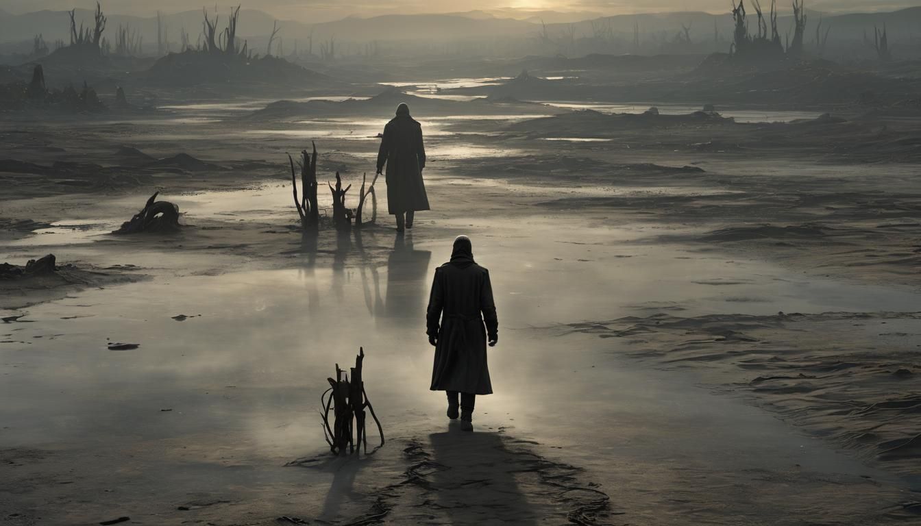 Dystopian Wasteland at Golden Hour: Eerie Sci-Fi Art