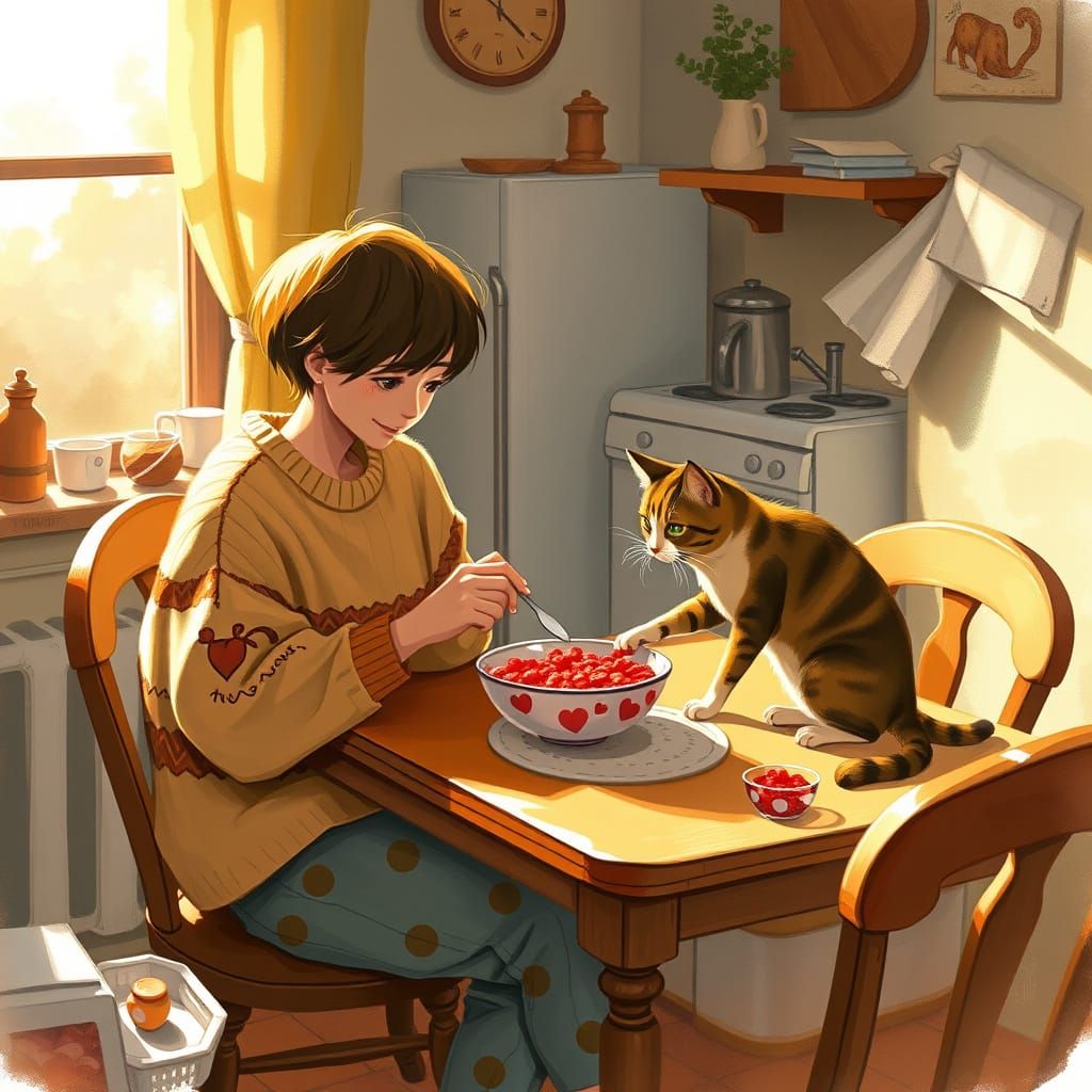 Cozy Morning with Cat and Heart-Shaped Cereal