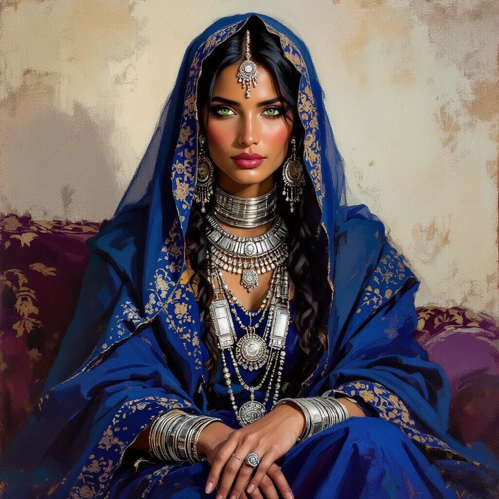 Tuareg Queen in Indigo Robes: Impasto Painting