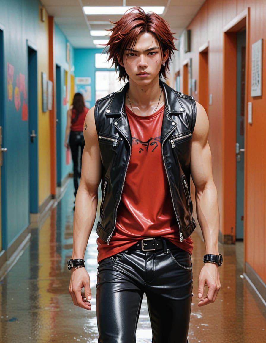 Rebellious Anime-Inspired Teenager Walks School Hallway