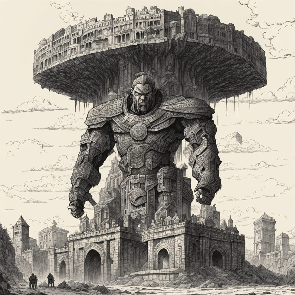 Colossus Carries Ancient City in Graphic Novel Style