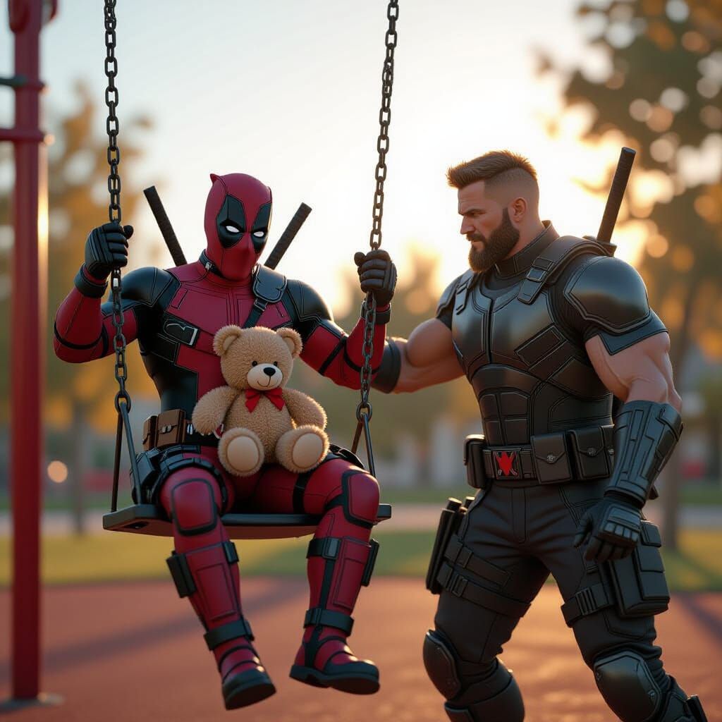 Deadpool on Swingset, Cable Pushing, Cinematic Style
