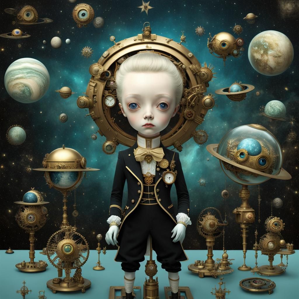 Surreal Portrait with Clockwork Planets in Rococo Style