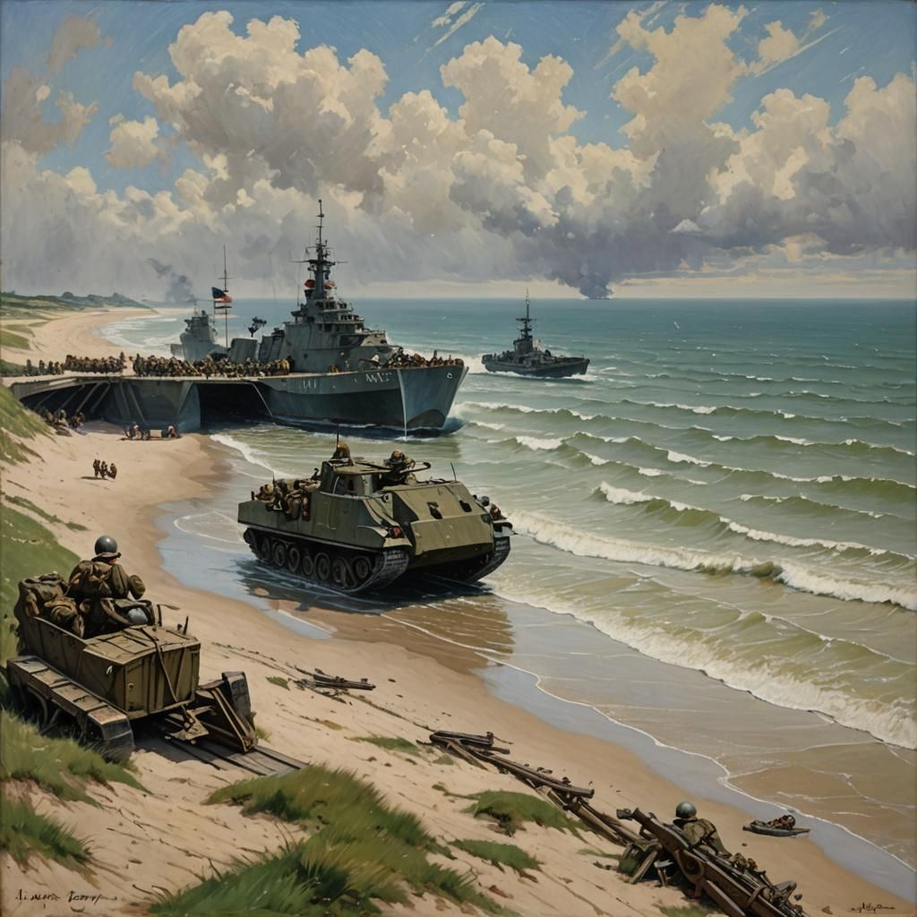 Normandy Landing Craft in Oil Painting Style