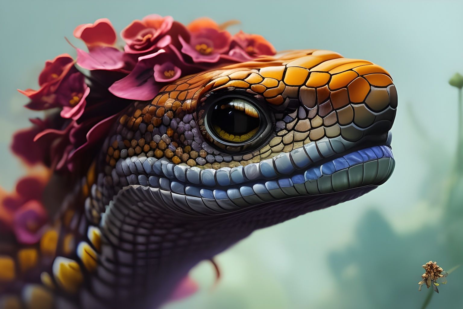 Snake with Flowers Portrait in Digital Art Style