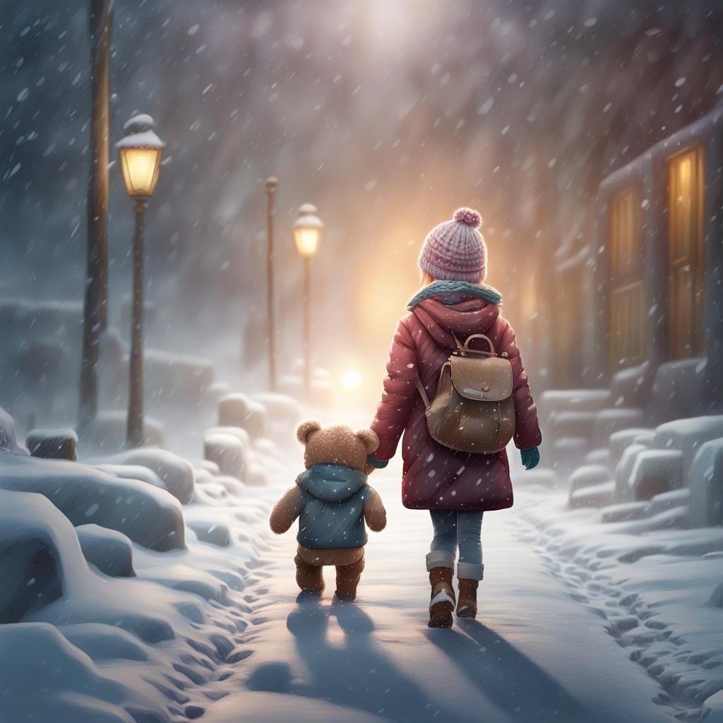 Girl in Snowstorm with Teddy Bear: Hyperrealistic Art