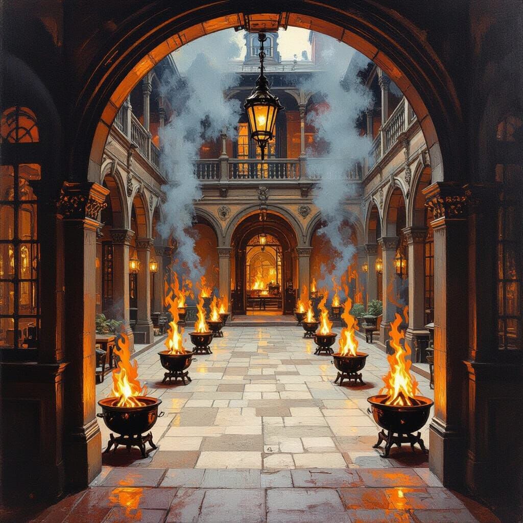 Victorian Courtyard Illuminated by Firelight