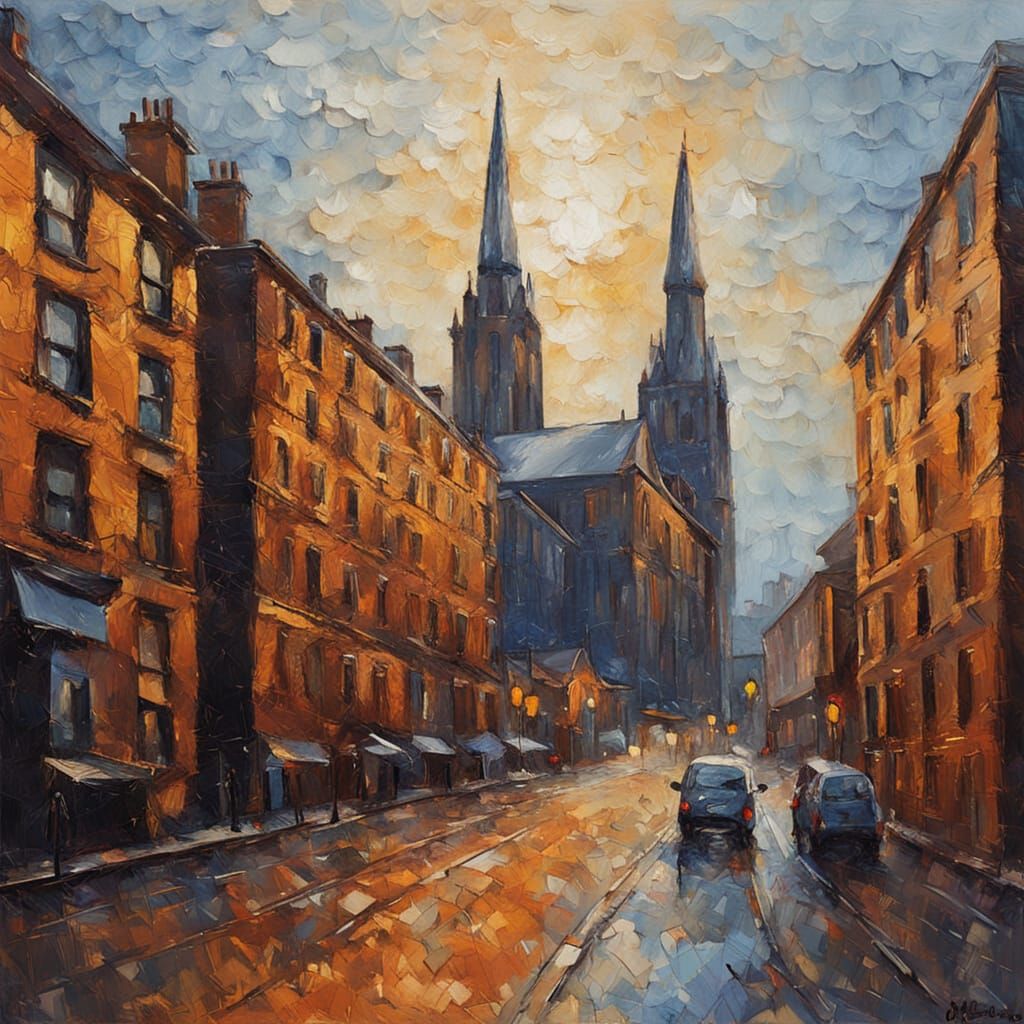 Neo-Impressionist Glasgow Cityscape at Golden Hour
