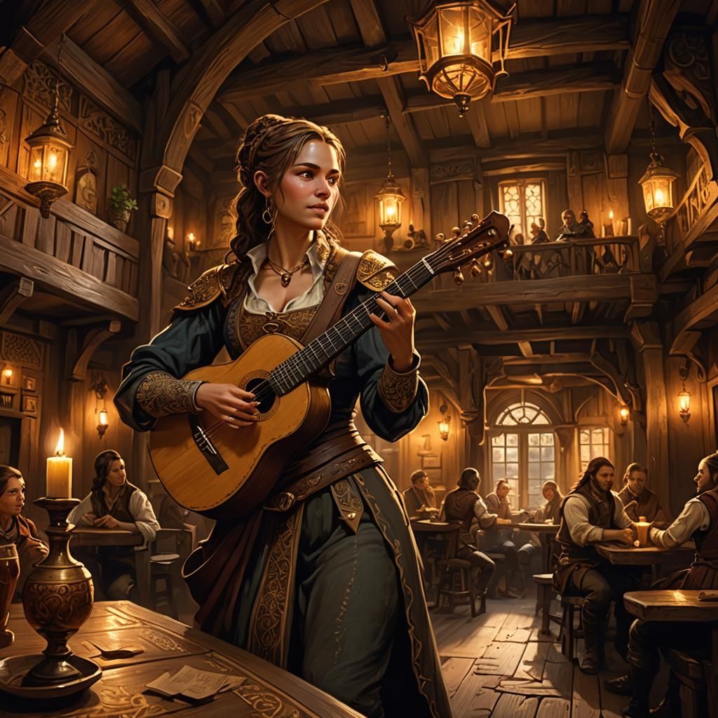 A human bard playing her guitar in a tavern, D&D.