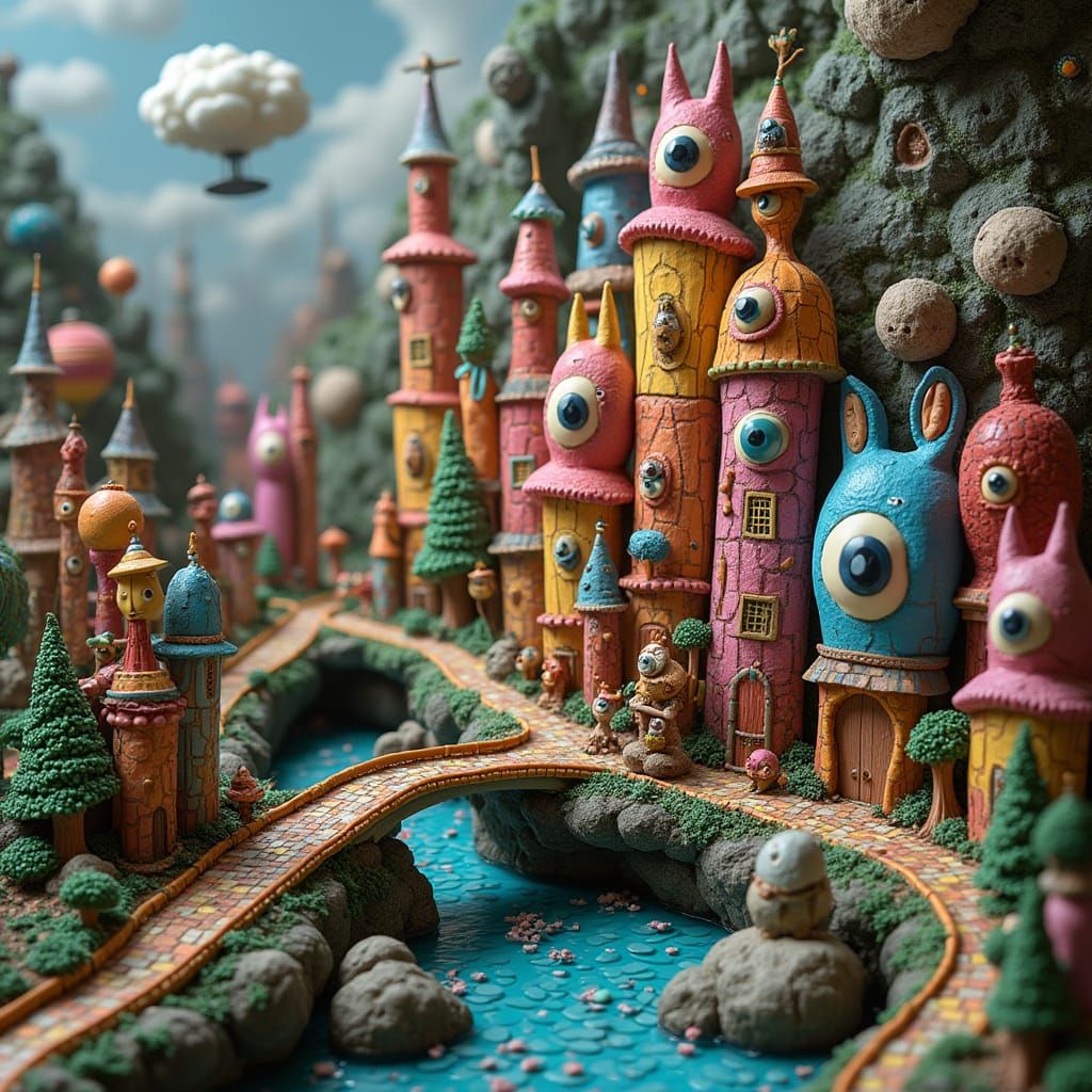 Whimsical Claymation Cityscape with Floating Islands