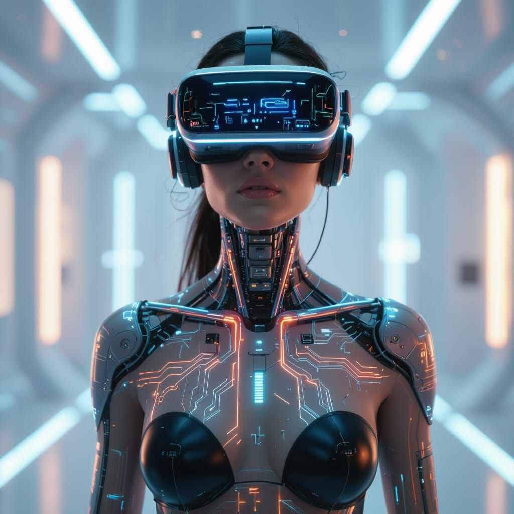 Futuristic Human with Neural VR Glasses in Photorealistic St...