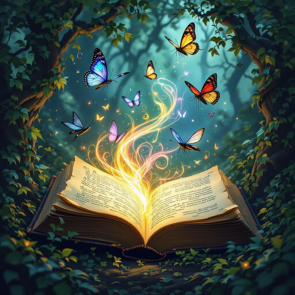Mystical Butterflies Reading Ancient Book in Enchanted Fores...