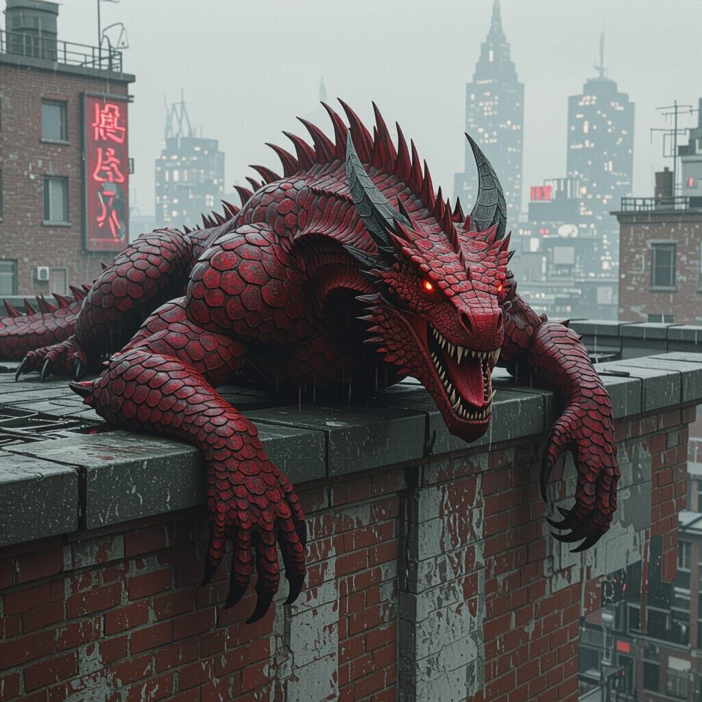 Blood Dragon on Urban Rooftop in Dark Fantasy Style